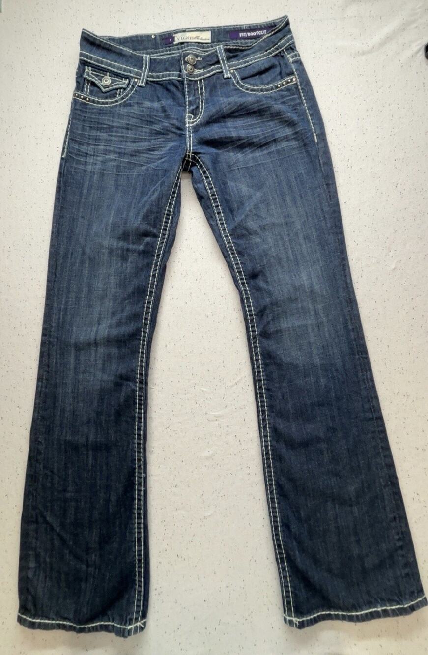 Vigoss Collection Bootcut Jeans Size 9 Blue Denim Heavy Thick Stitch Embellished